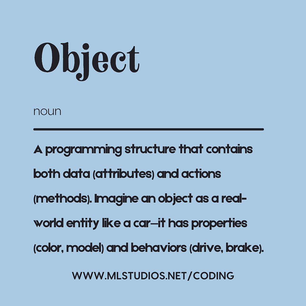 "Object" definition on a blue background, describing it as a programming structure with attributes and methods. Website link below.
