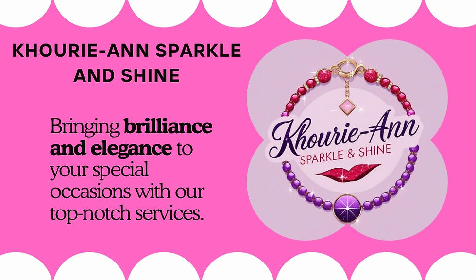 Pink advertisement for Khourie-Ann Sparkle and Shine, featuring a beaded necklace and text promoting elegance and top-notch services.