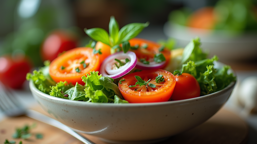 Close-up view of a colorful salad bowl filled with fresh vegetables