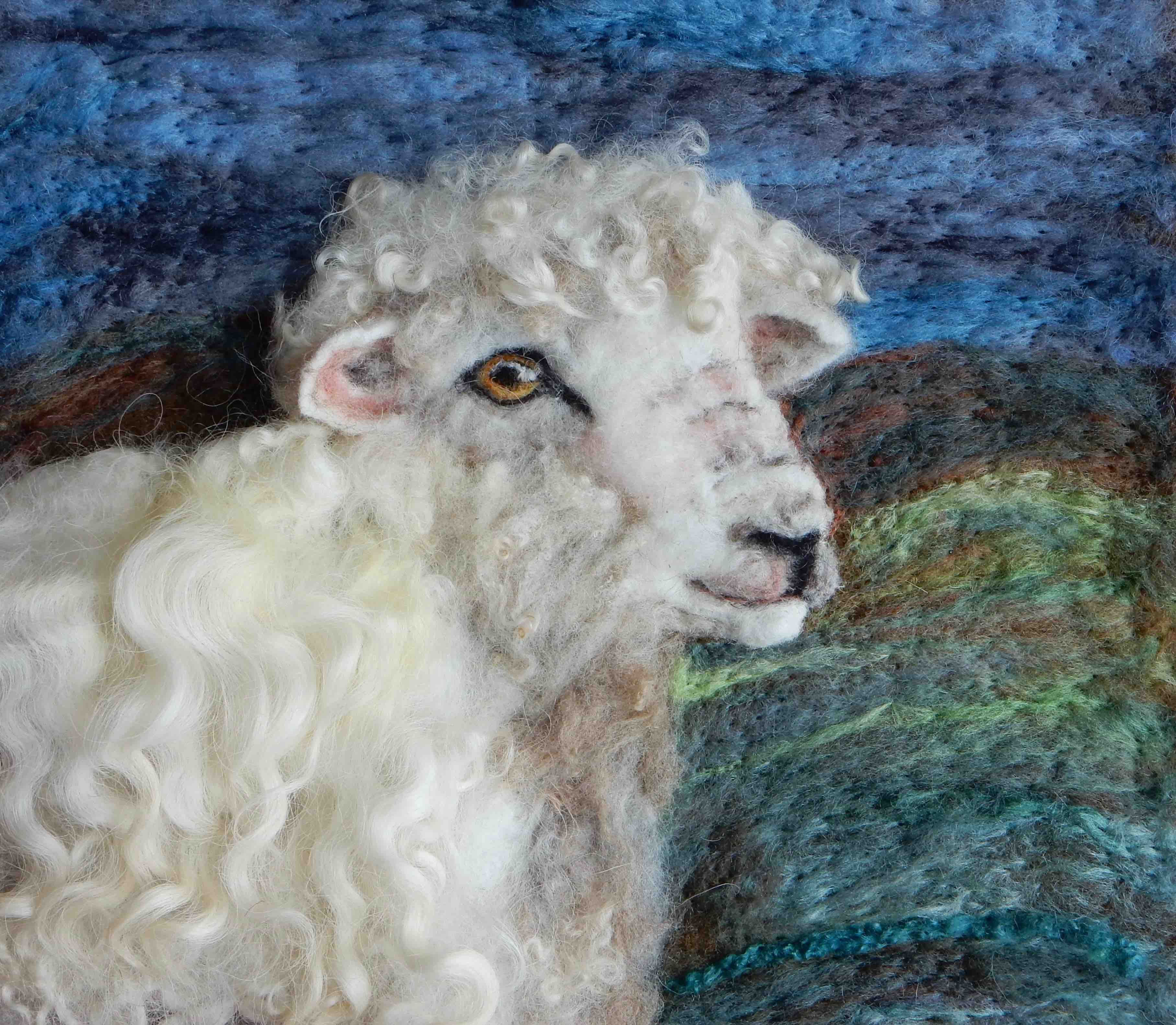 Fibre art painting of a Devon and Cornwall Longwool sheep needle felted with Devon and Cornwall Longwool locks