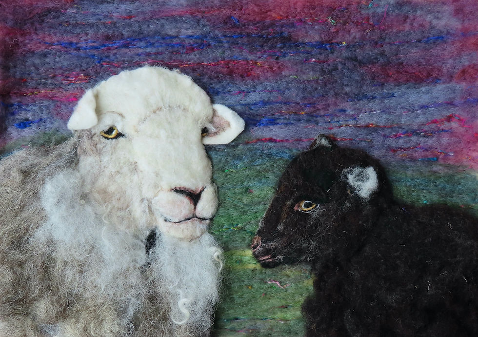 Fibre art portrait of a Herdwick ewe and lamb needle felted with locally sourced Herdwick fleece