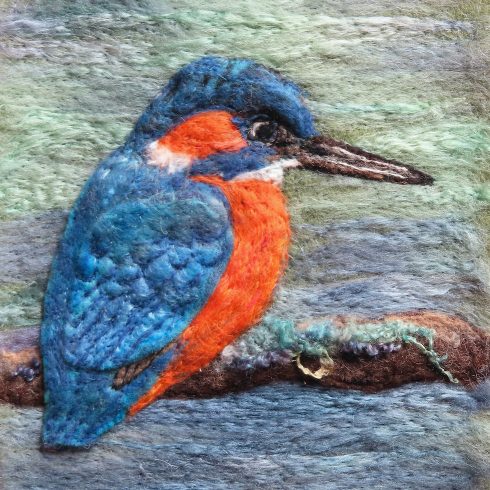 Fibre art portrait of a Kingfisher on a mossy branch