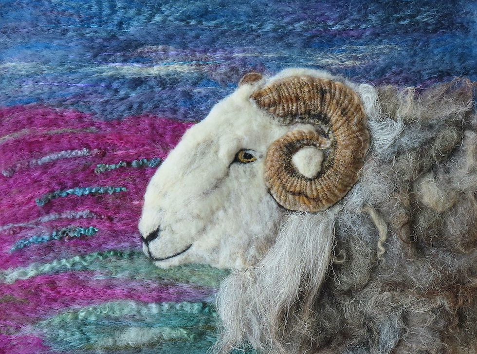 Fibre art portrait of a Herdwick lamb created using locally sourced Herdwick fleece