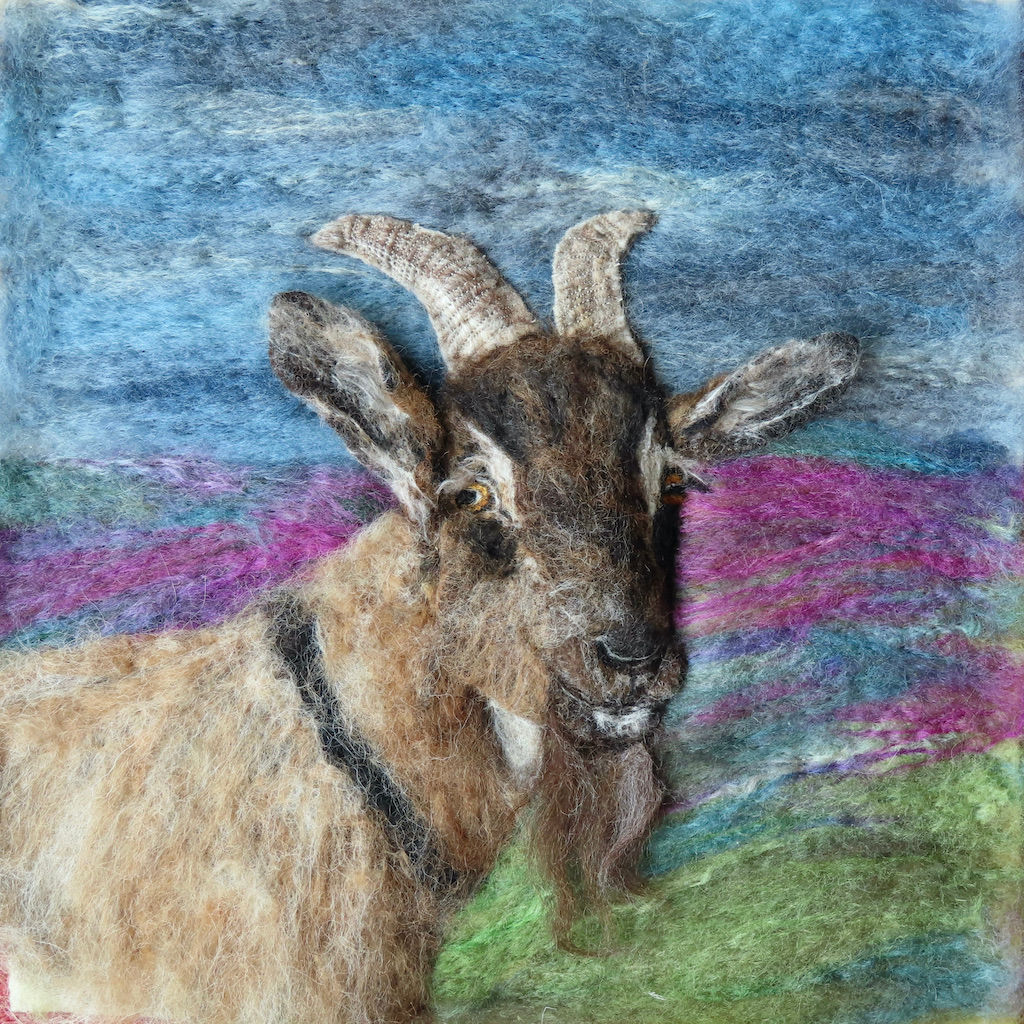 Fibre art portrait of an English Goat