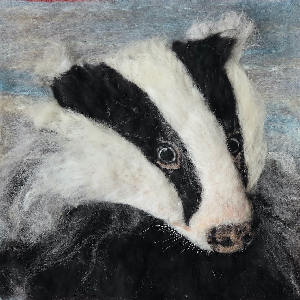 Fibre art portrait of a badger's head