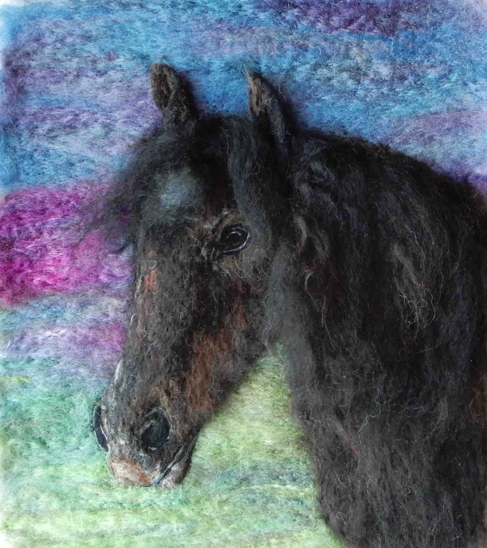 Fibre art portrait of Isobel the Fell pony
