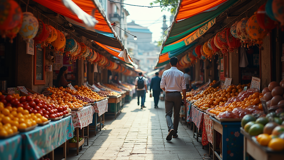 High angle view of a vibrant outdoor market with colorful stalls