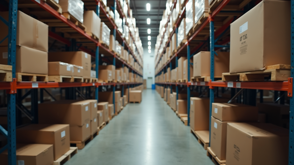 High angle view of warehouse shelves stacked with boxes