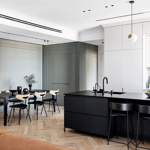 Modern Slab Kitchen Herringbone wood Flooring