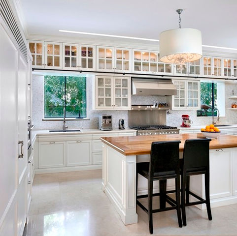 White Shaker Custom Kitchen, Butcher Block, Ladder in kitchen