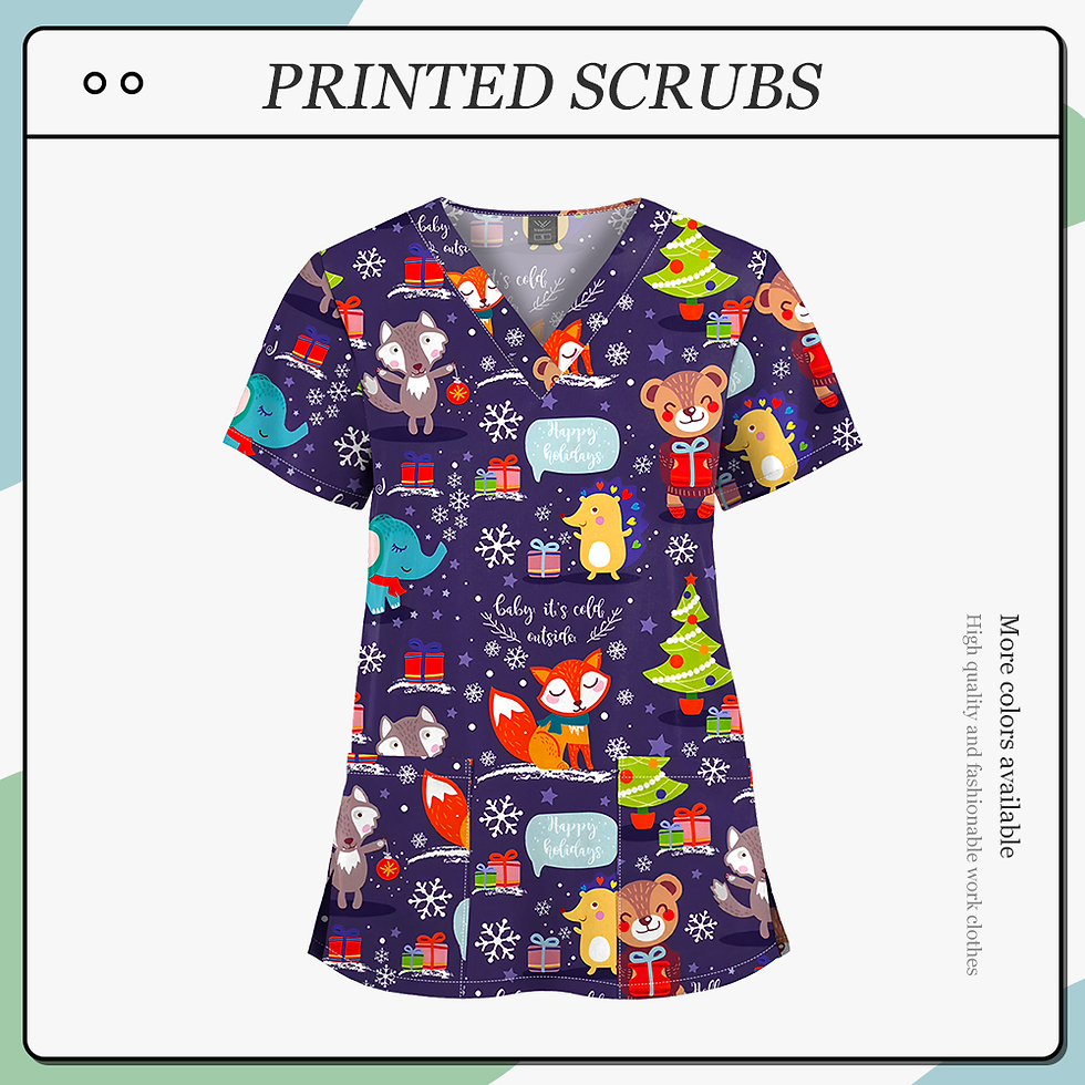 Thumbnail: Christmas and Halloween Printed Cartoon Scrubs Tops Doctor Nurse Surgical Scrubs