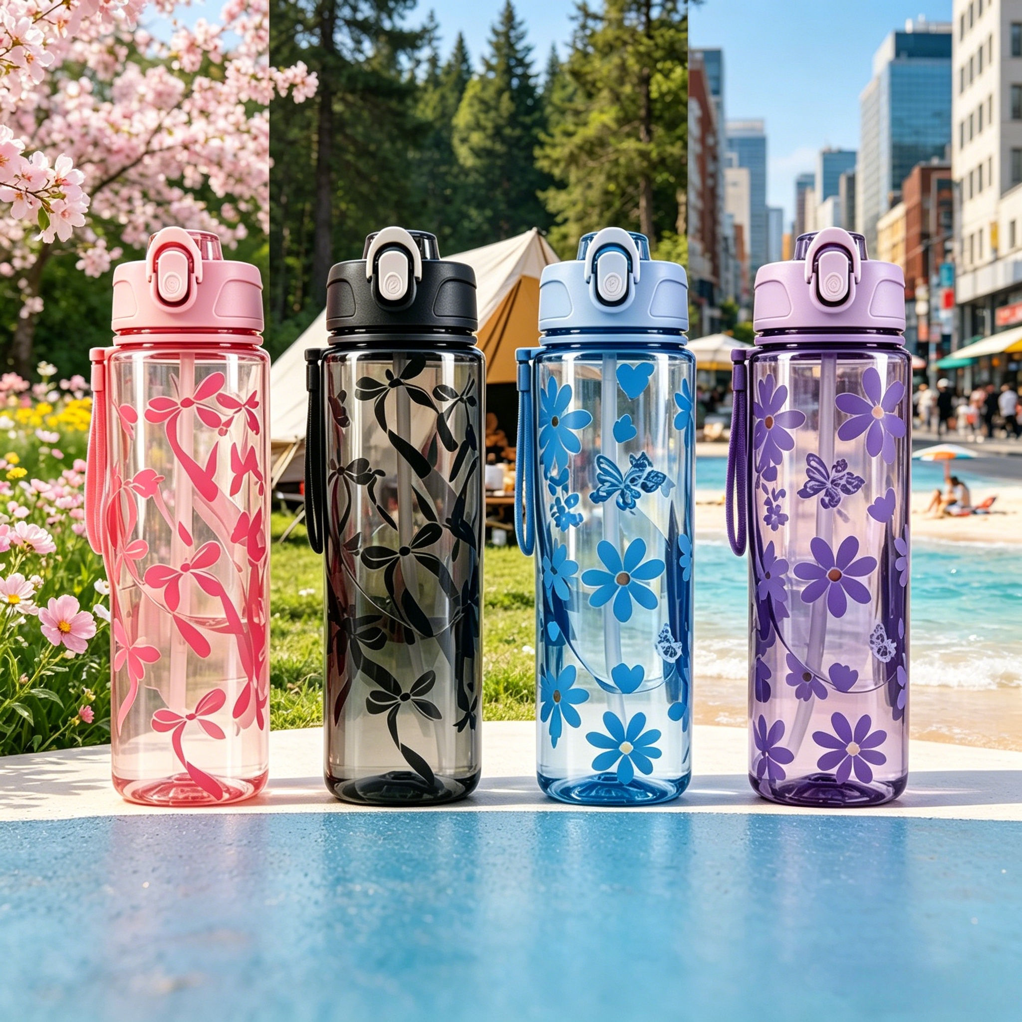 Water Bottle with Full Print of Flowers and Bowknot Patterns, Trendy & Stylish,