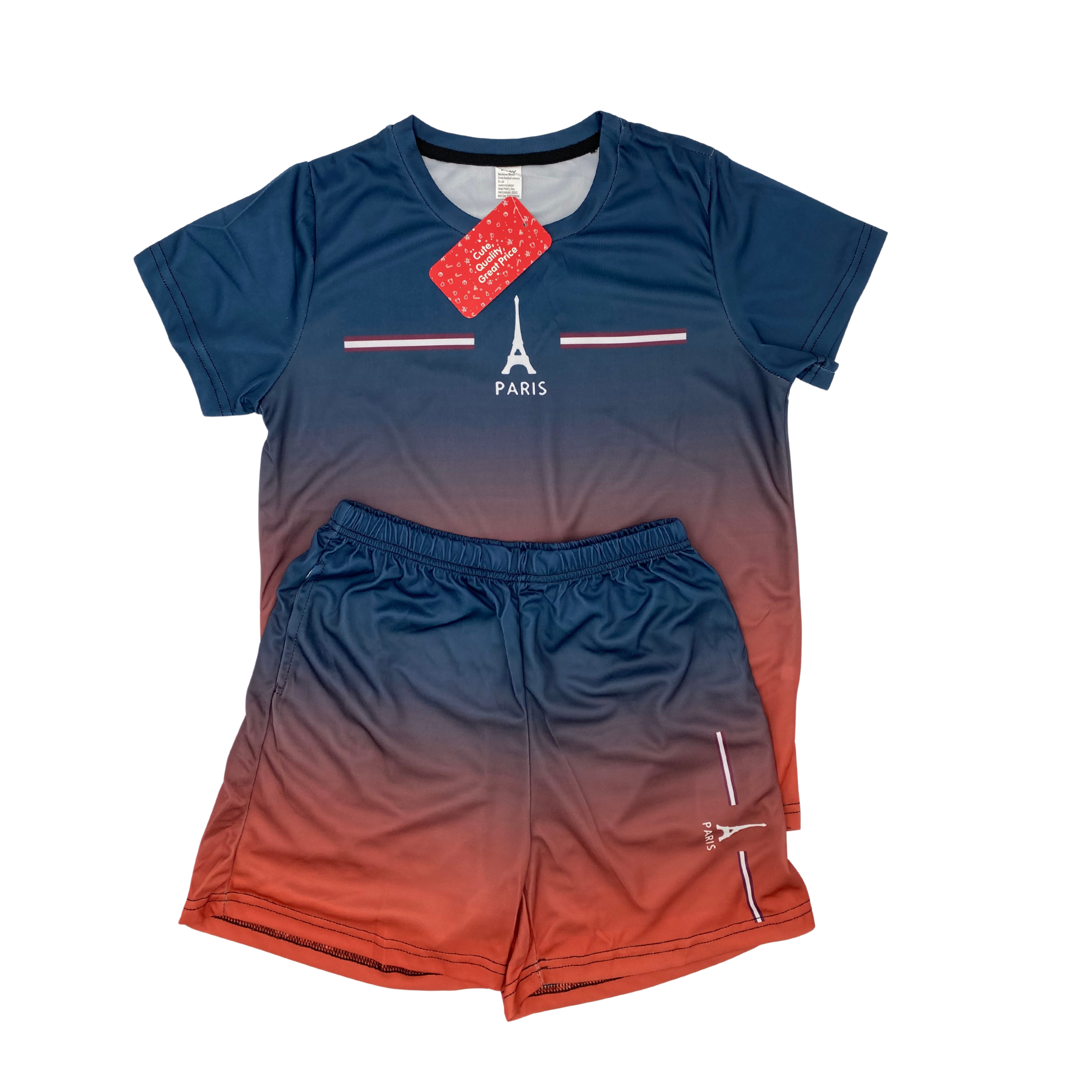 Blue Gradient Paris Eiffel Tower Letter Print Short Sleeve Shorts