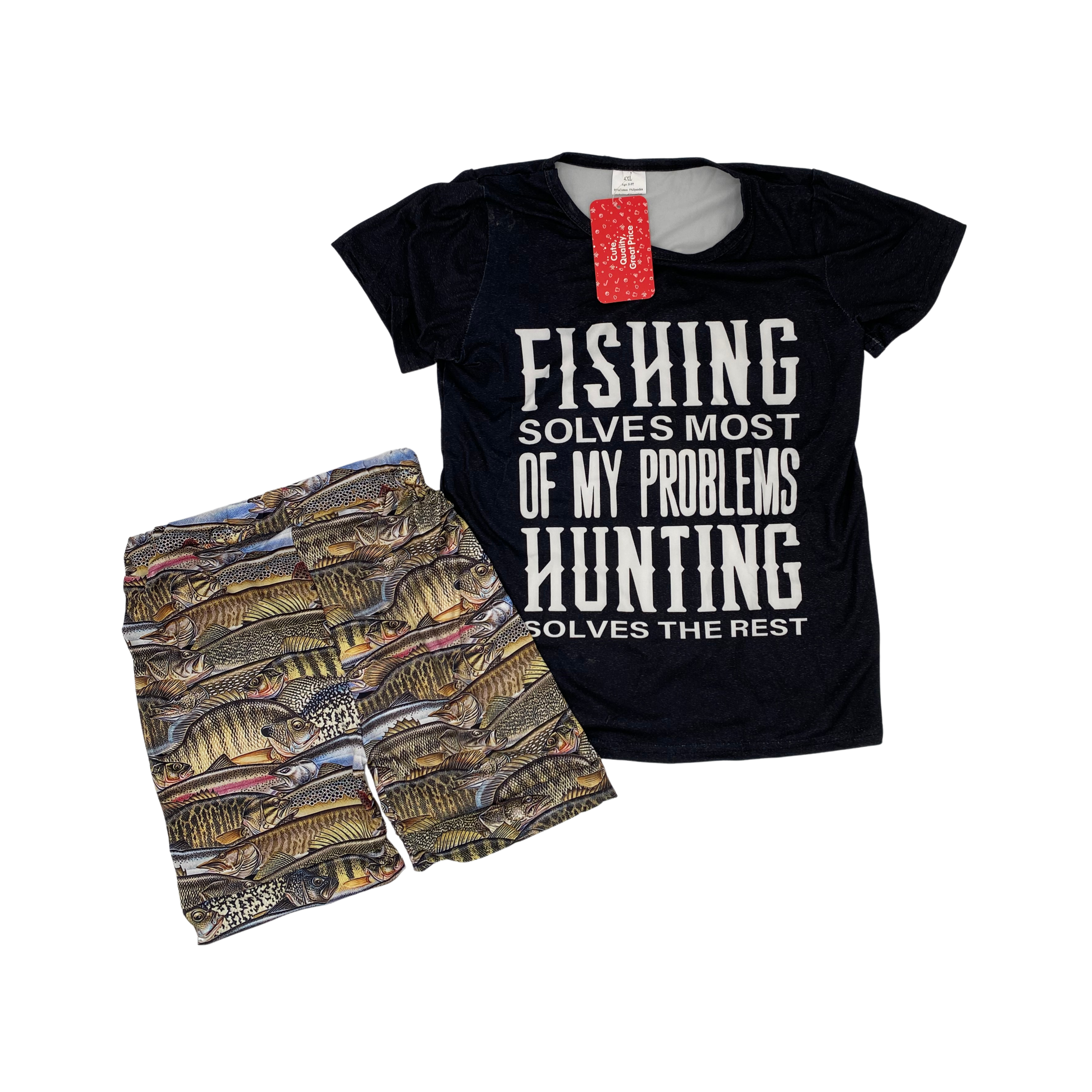 Children's two-piece casual short set featuring an outdoor fish hunting theme