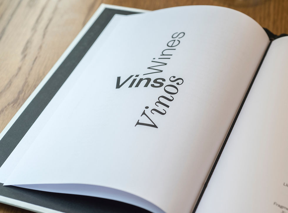 An open wine menu, with the word 'wines' written in different languages.