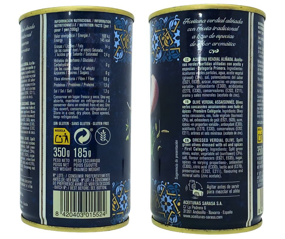 Miniatura: Tin of Sarasa “Hechizos del Sur” Olives - the two sides show the ingredients and nutritional values