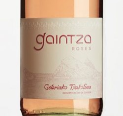 A close-up view of a bottle of Gaintza Roses, Getaria
