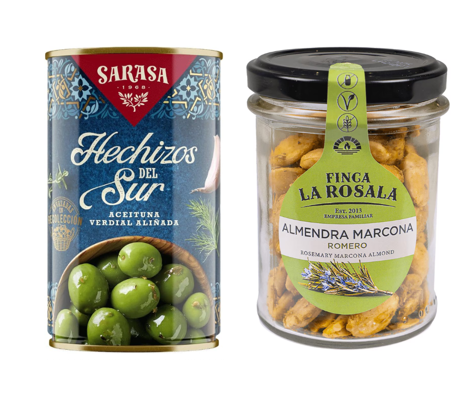 Thumbnail: A Tin of Sarasa “Hechizos del Sur” Olives and a jar of Finca La Rosala Marcona Almonds with Rosemary