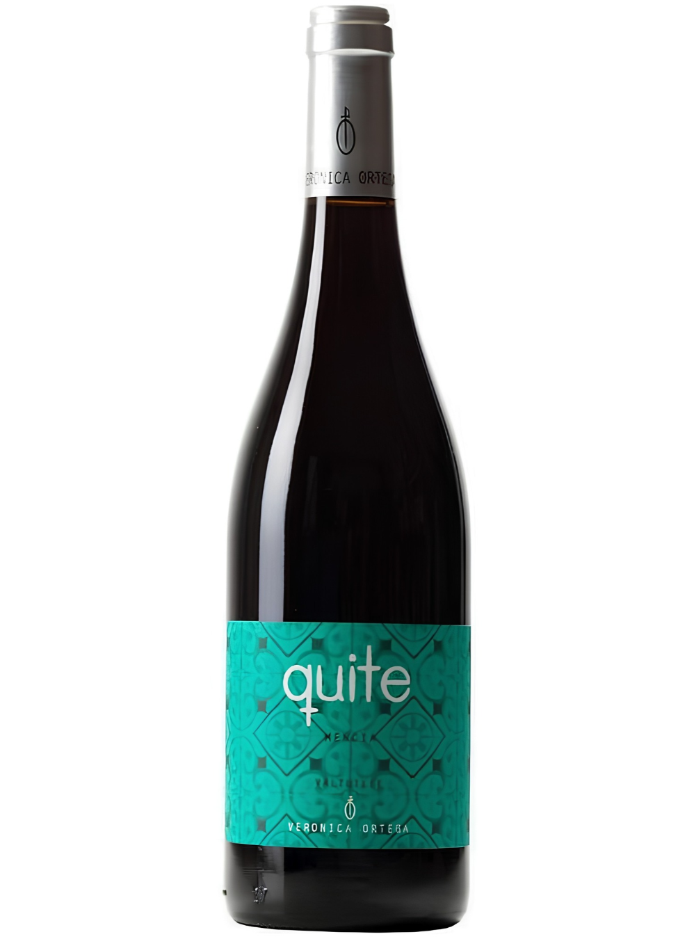 A bottle of Quite by Verónica Ortega, with a green and white designed label.