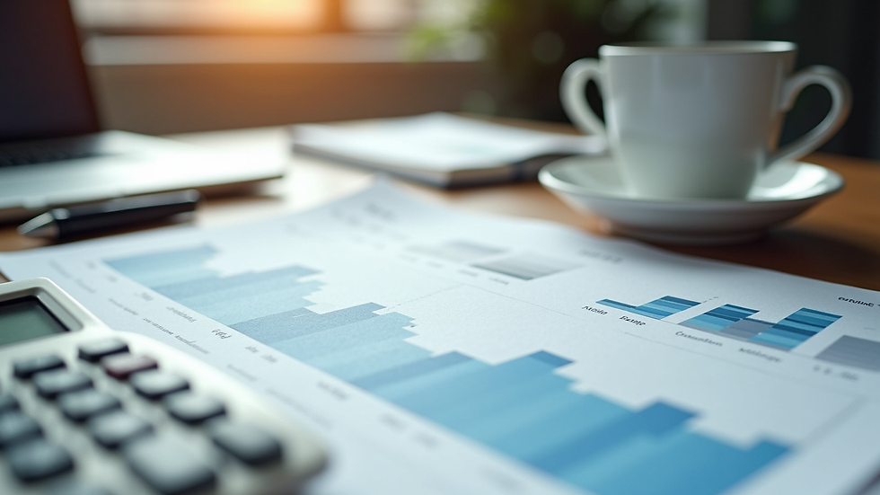 High angle view of a desk with financial reports, calculator, and coffee cup