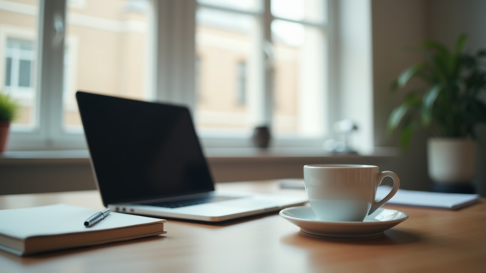 Eye-level view of a modern office desk with a laptop and a coffee cup