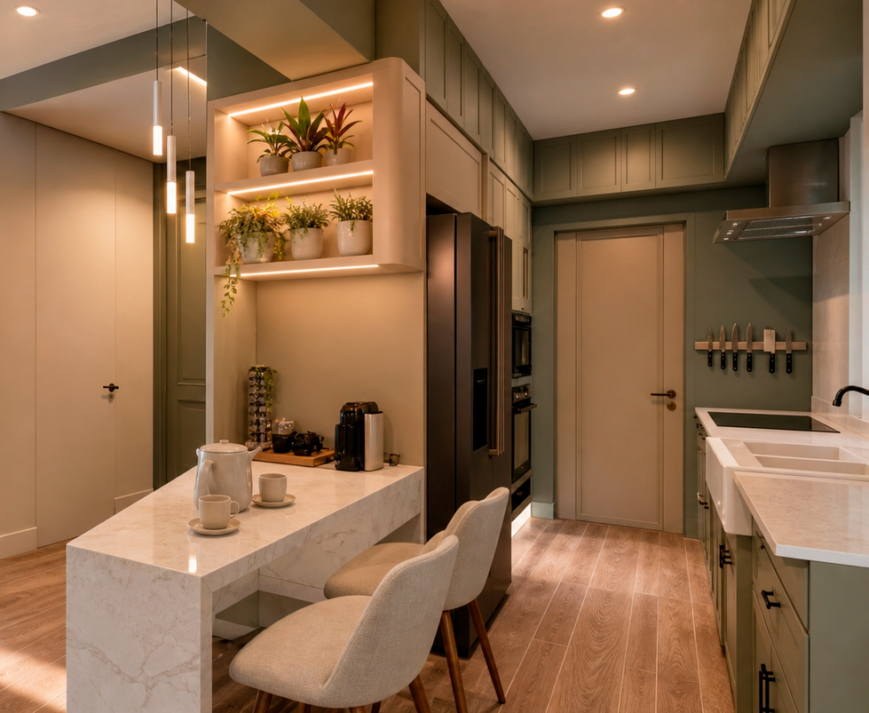 Projeto de arquitetura de interiores de cozinha de apartamento no edifício vista, Cascavel, Parana. Autoria Isabella Dalfovo Arquitetura