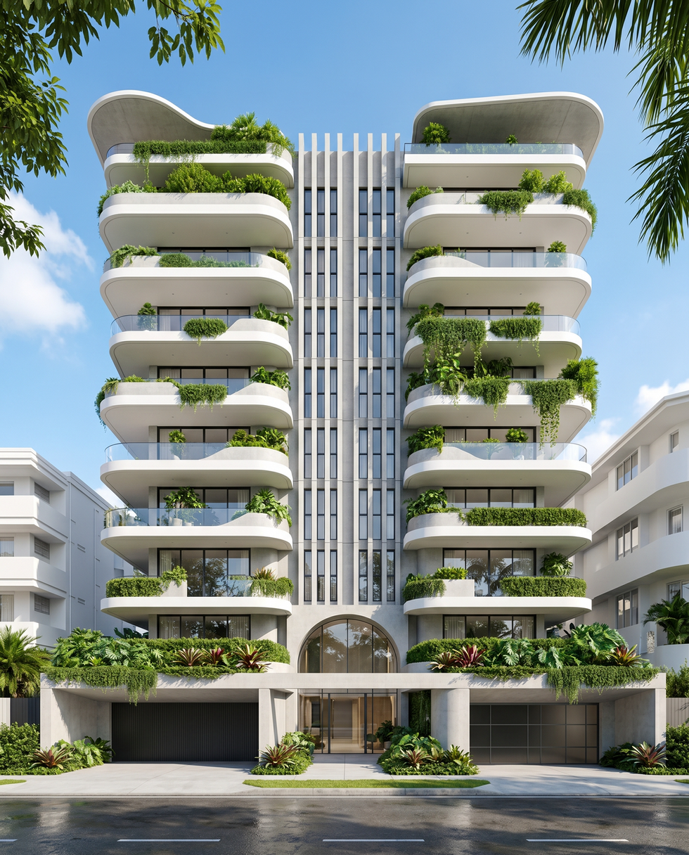 Edifício residencial contemporâneo com fachada em vidro e elementos vazados, projeto de arquitetura de Isabella Dalfovo em Cascavel.