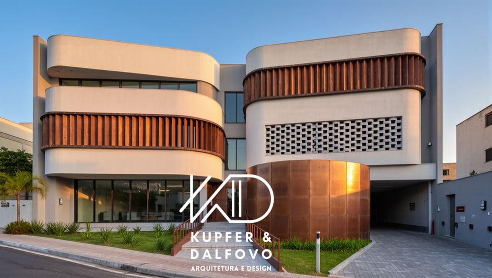Fachada de centro comercial com formas orgânicas, brises e cobogós que criam jogo de luz e sombra, projeto de Isabella Dalfovo em Cascavel, Paraná.
