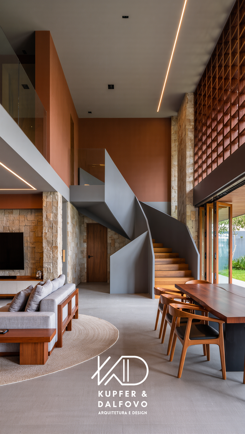 Projeto de Arquitetura de Interiores de residencia alto padrão, destaque para os ambientes integradros, mobiliário com design clean, iluminação, e escada. Autoria Isabella Dalfovo Arquitetura. Cascavel, Paraná.