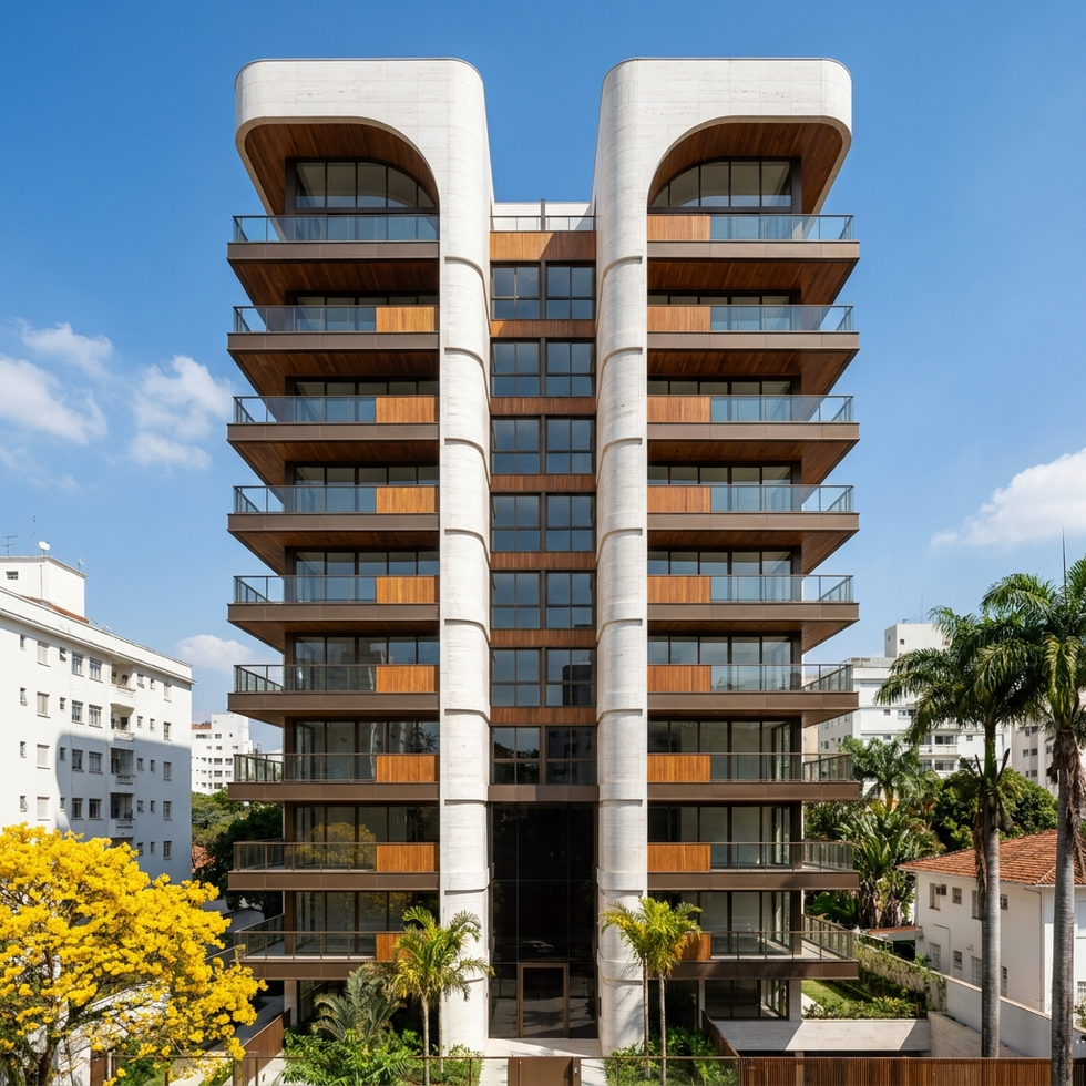 Edifício residencial contemporâneo com fachada em vidro e elementos vazados, projeto de arquitetura de Isabella Dalfovo em Cascavel.