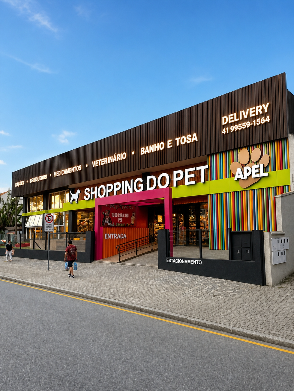 Fachada colorida e vibrante do Shopping do Pet Apel em Curitiba – reforma comercial da arquiteta Isabella Dalfovo.