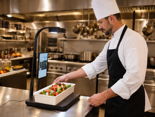 Chef scanning a plated dish with the Metafoodx AI Scanner in a commercial kitchen