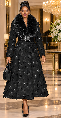 Dy 100 Embroidered Fur-Collar Belted Coat