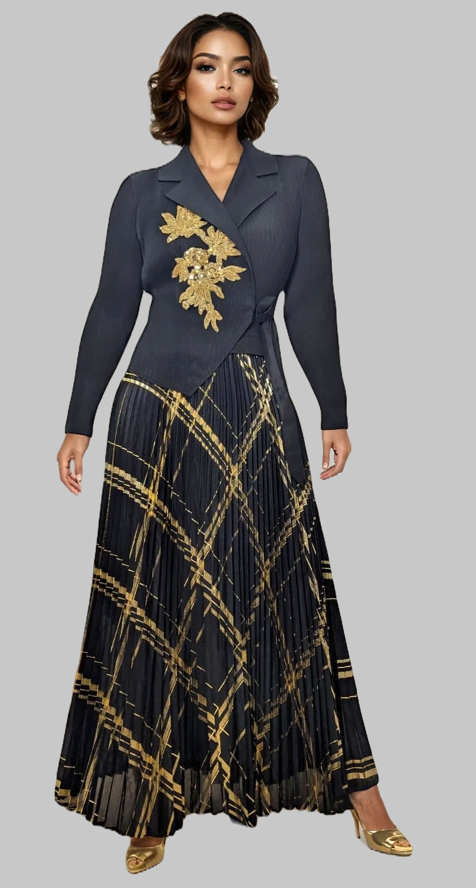 N by Nancy N2535 Golden Accent Pleated Wrap Dress