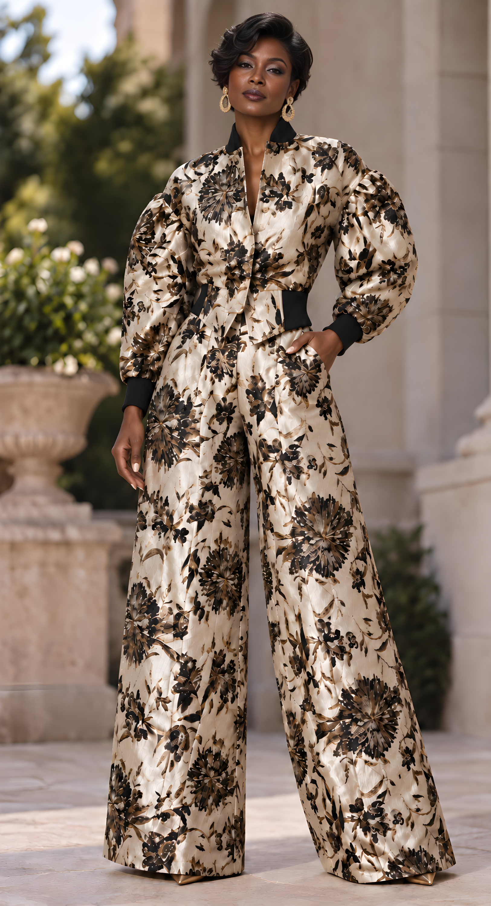 N By Nancy CH815 Metallic Floral Brocade Bomber Jacket Pant Set