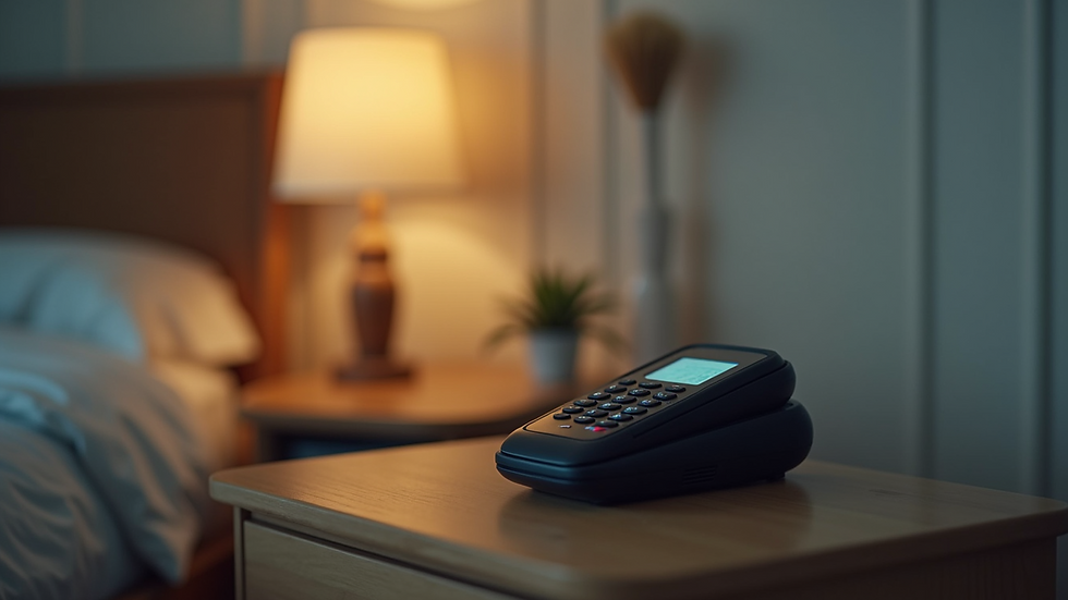 Eye-level view of a flashing external cell phone ringer placed on a bedside table