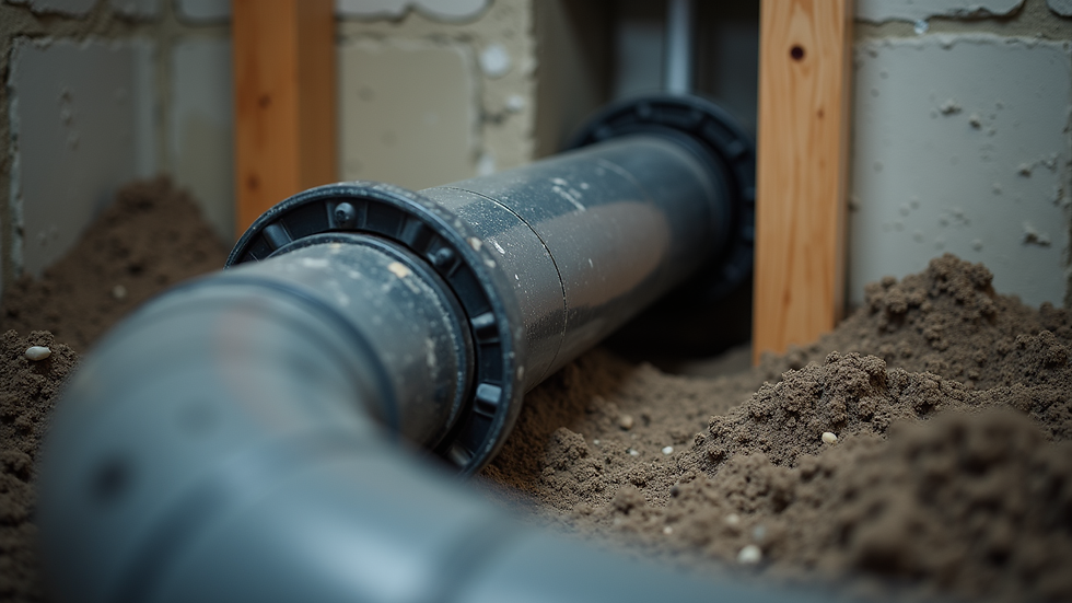 Close-up view of a radon mitigation system pipe installed in a basement