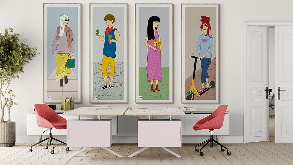 Wide angle view of a vibrant pop-up art shop showcasing beautiful illustrations