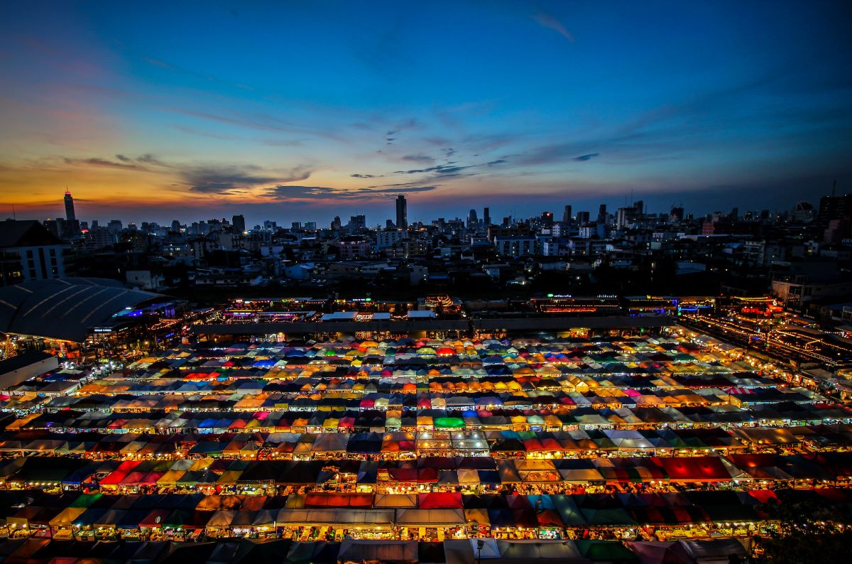 Thailand night market stalls with street food and shopping