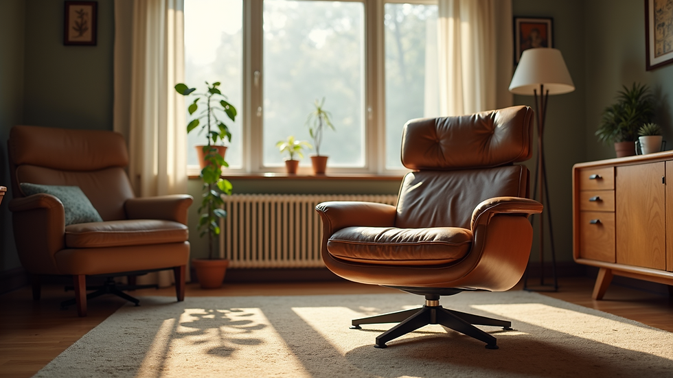 Eye-level view of a vintage mid-century modern chair in a cozy living room