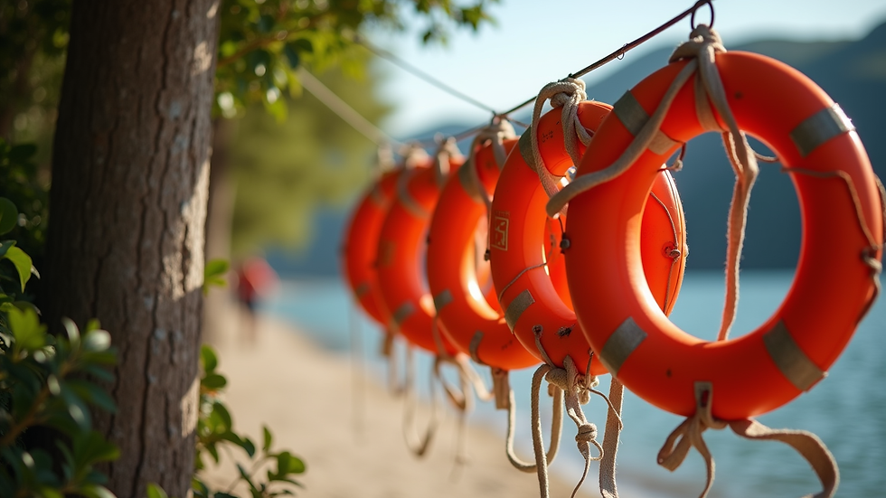 Eye-level view of a life vest hanging to dry in a shaded area
