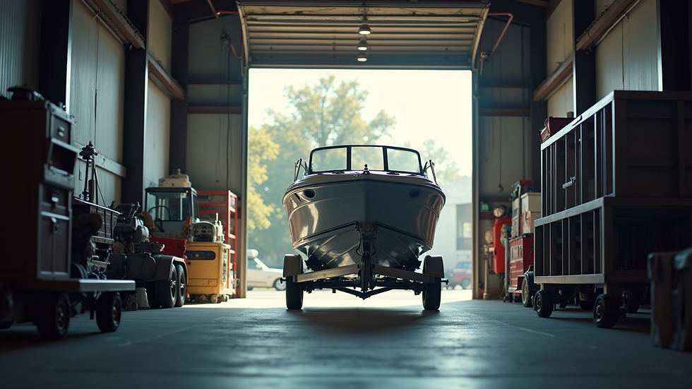 Eye-level view of a boat trailer being serviced in a garage