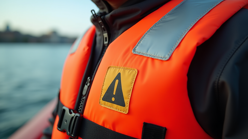 Eye-level view of adult life vest with bright color and reflective strips