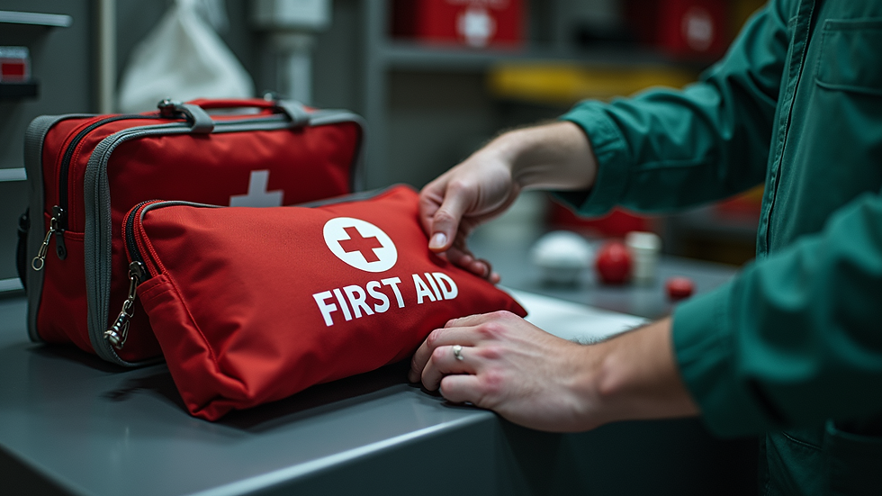 Eye-level view of a marine first aid kit being inspected and restocked