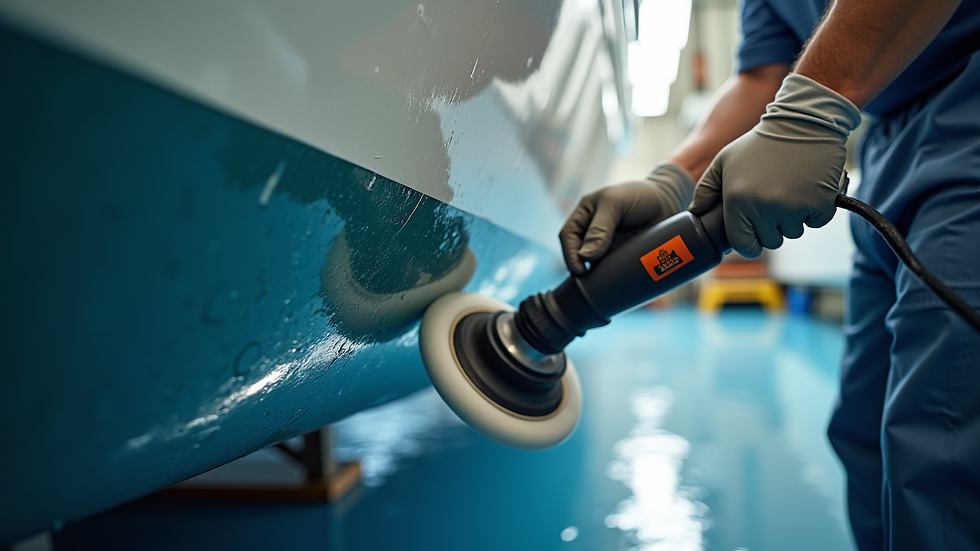 Eye-level view of a boat being polished on the hull with a polishing machine