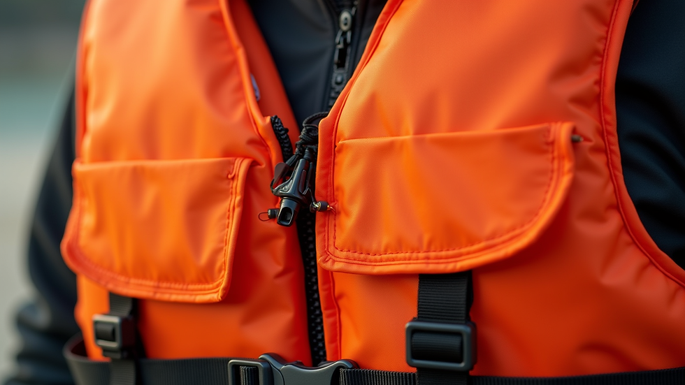 Close-up view of a bright orange adult life vest with adjustable straps