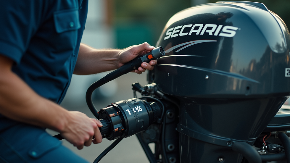 Close-up view of outboard motor being serviced