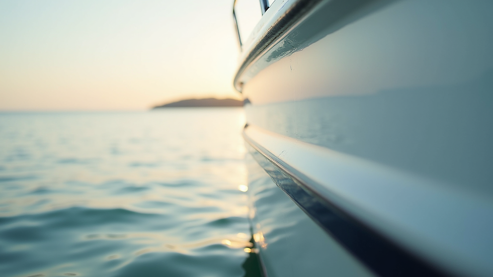 Close-up view of a polished white boat hull reflecting sunlight
