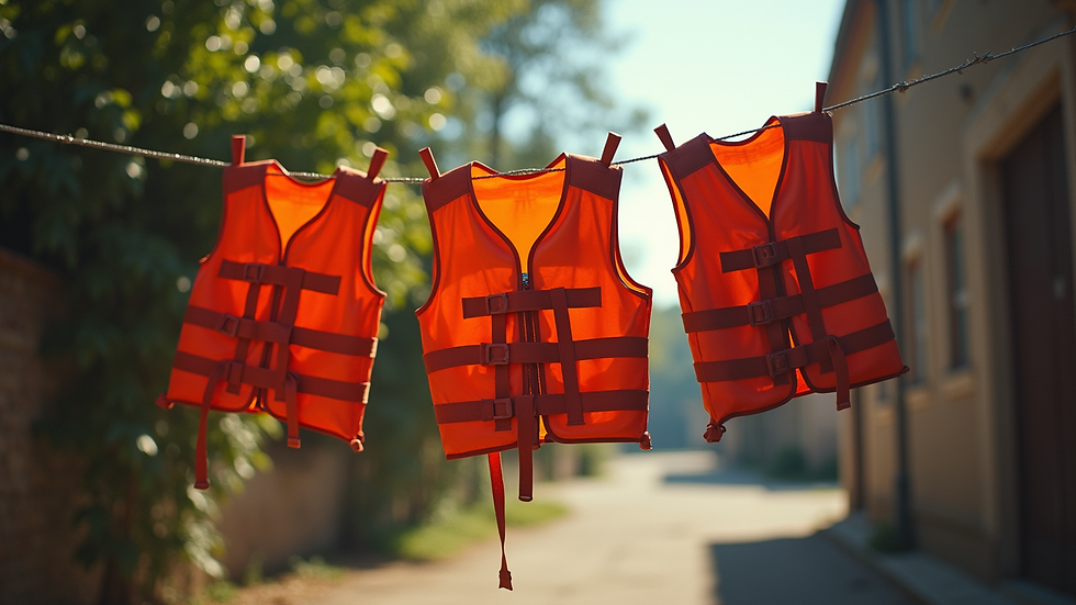 Eye-level view of life vest hanging to dry in shaded area