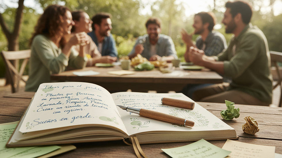 Plano cercano de un cuaderno abierto con una pluma y notas escritas a mano